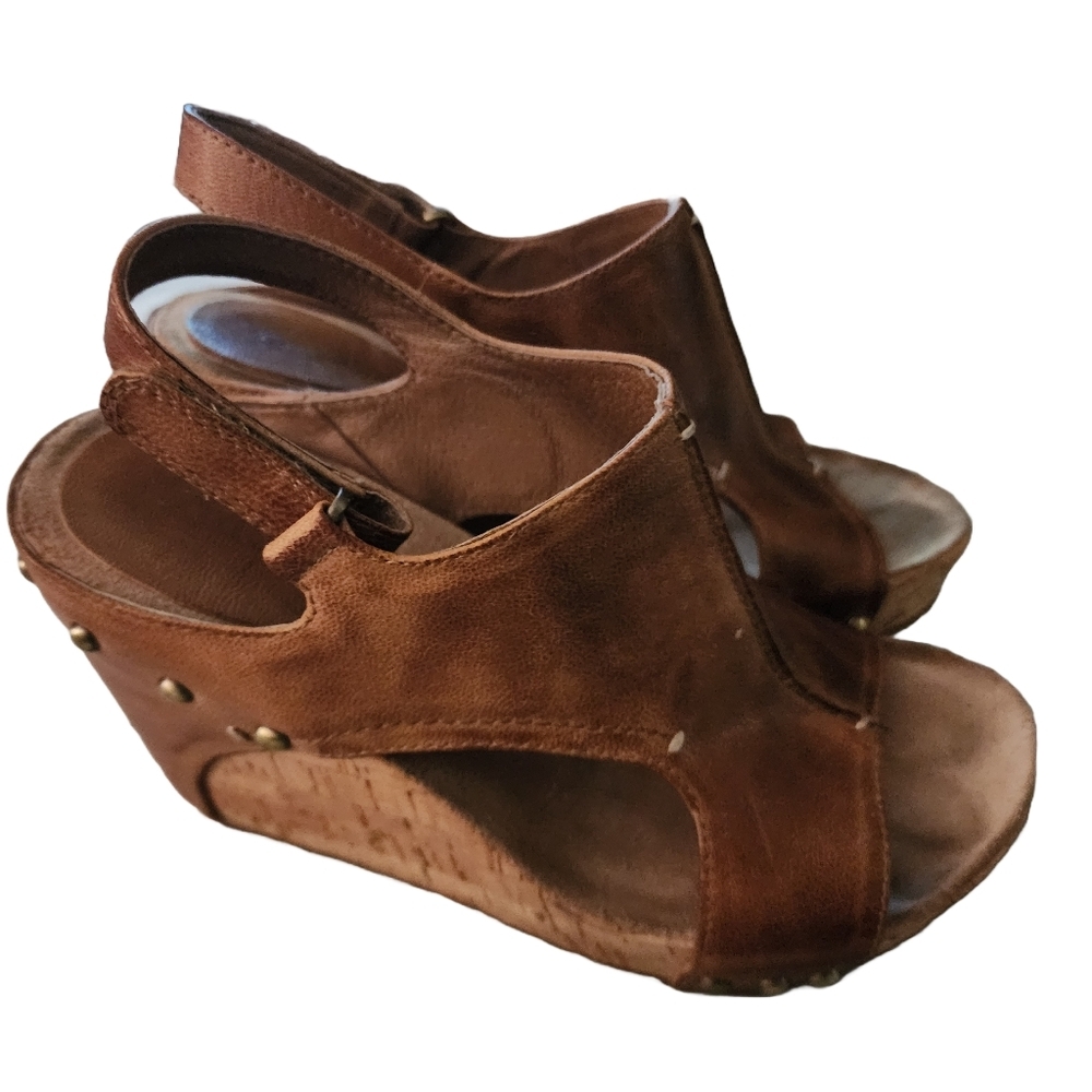 Antelope Brown Leather Wedge Platform Cork Sandals, Women's 6.5
